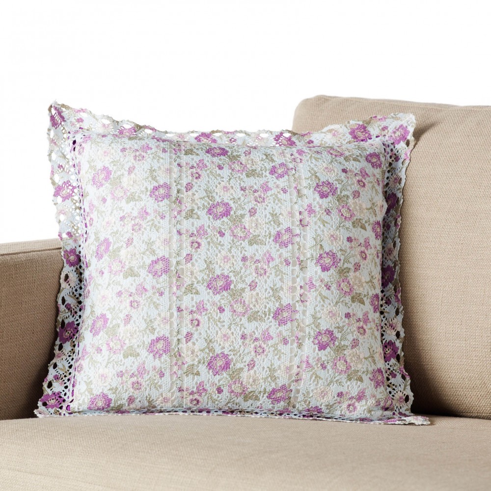 Βαμβακερή πλεκτή μαξιλαροθήκη 43X43cm με φόδρα και floral τύπωμα.